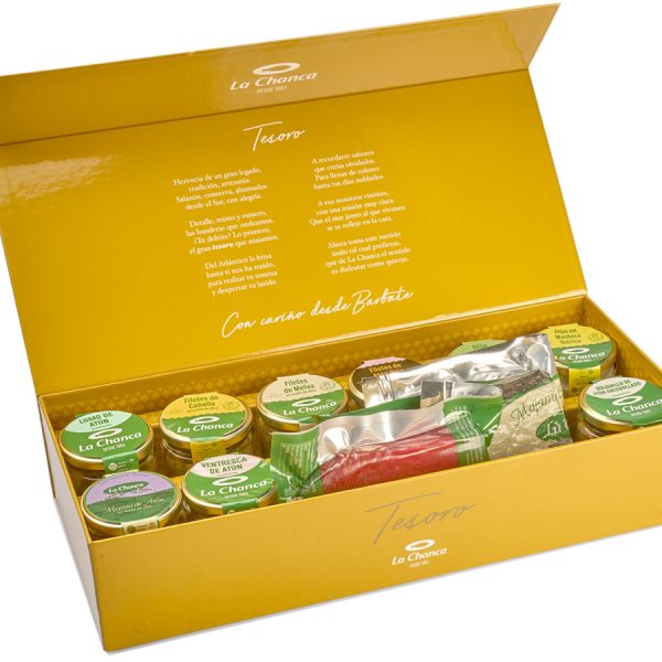 Caja regalo "Tesoro" amarilla, con surtido de 12 productos (salazones y conservas)