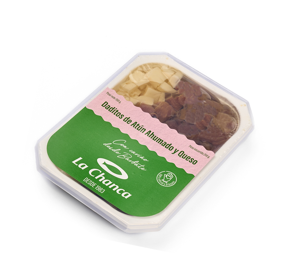 daditos atun ahumado CON QUESO 350 Bandeja de daditos de atun y queso La Chanca