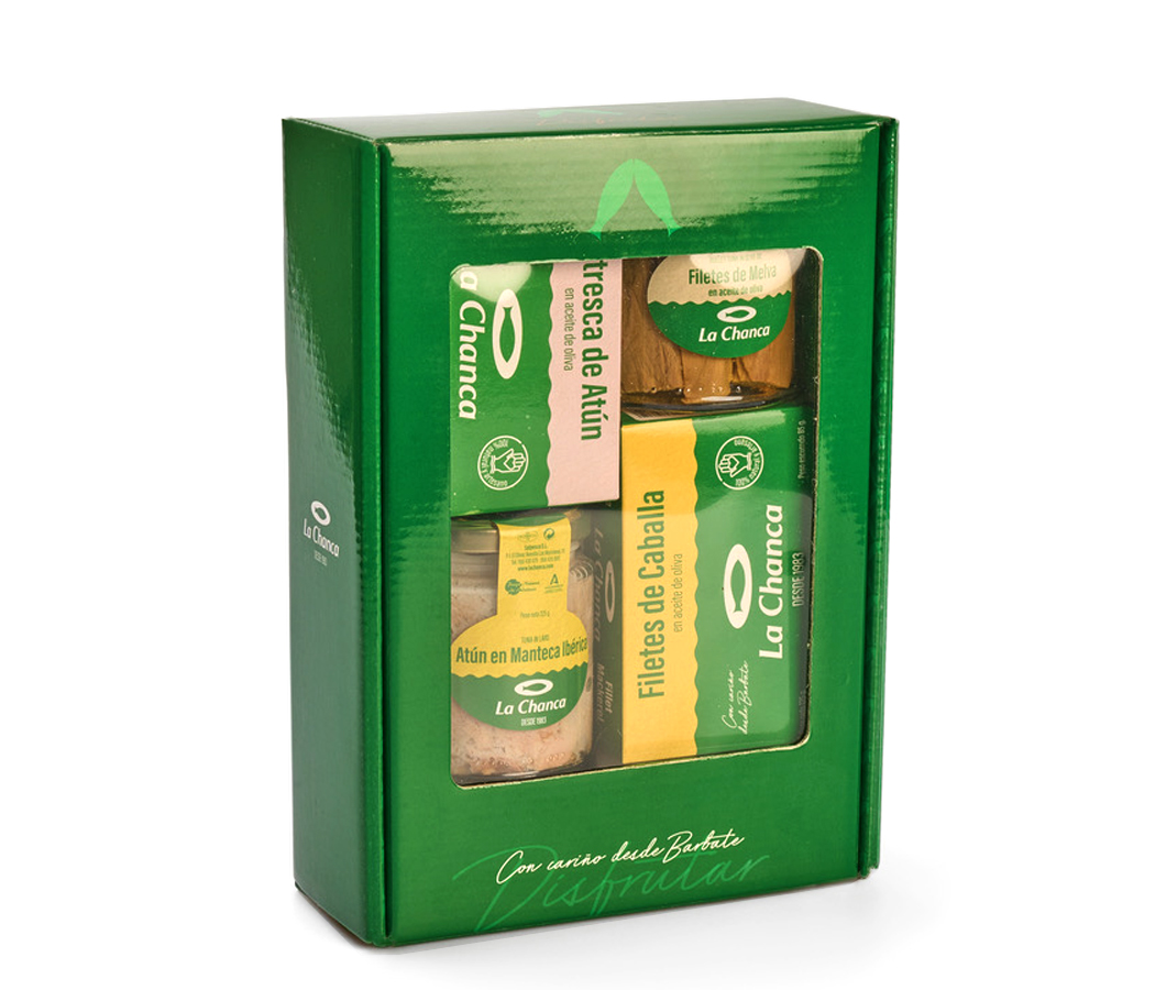 estuche 2 tarros y 4 latas2 Estuche verde "Disfrutar" con surtido de 6 conservas La Chanca