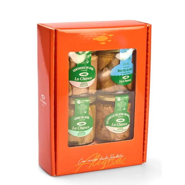 Estuche naranja "Alegría" con 4 tarros de conservas La Chanca