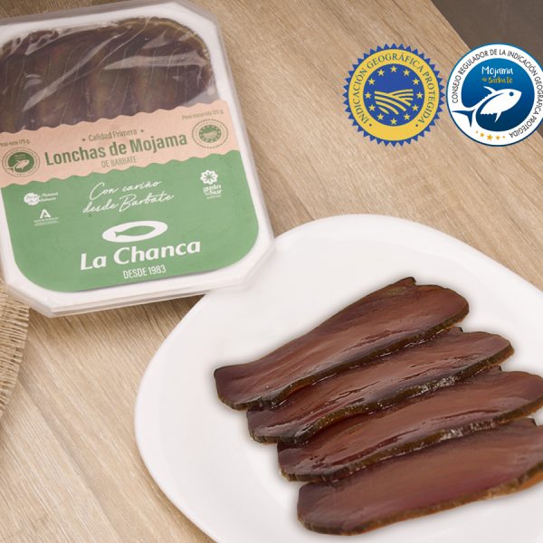 Plato de Mojama de Barbate en lonchas La Chanca, con aceite